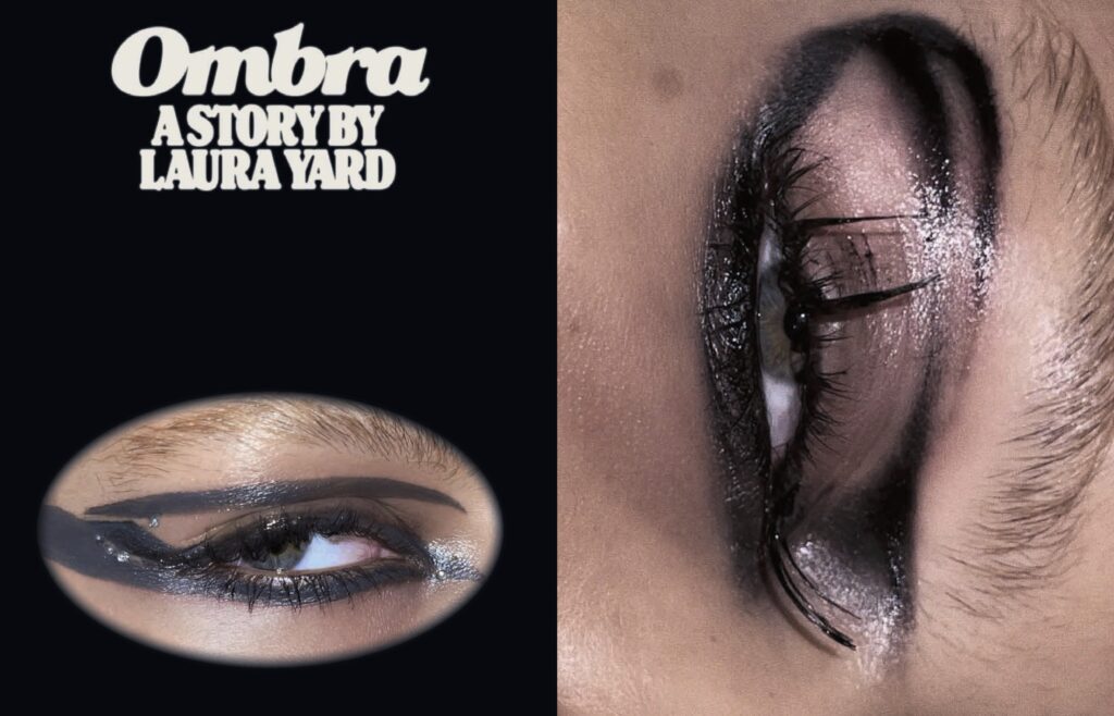 Close-ups of bold dark blue and black eyeliner with clumped mascara