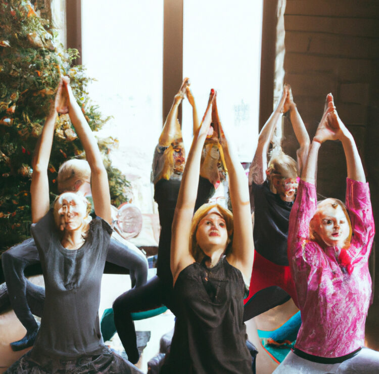 Distorted AI-generated image of a yoga group doing stretches inside
