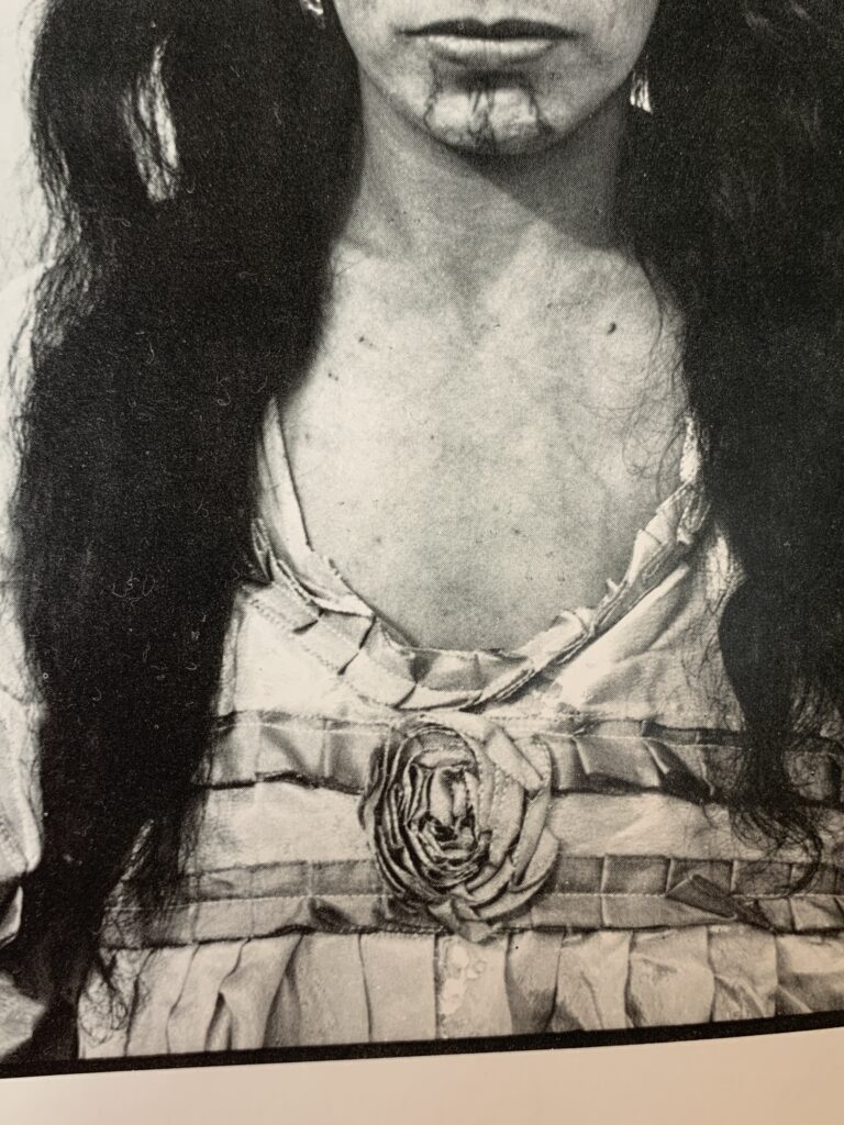 Black-and-white, old-fashioned close-up of a woman's torso wearing a dress with a floral centrepiece